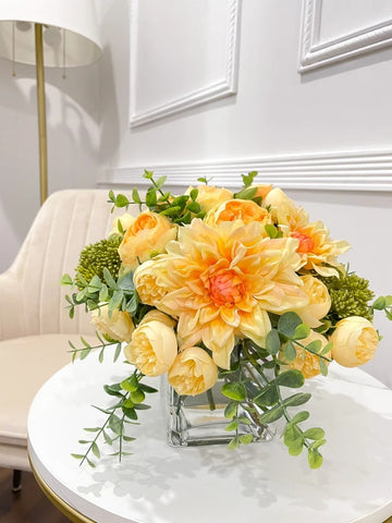 Spring/Summer Yellow Orange Peony Arrangement in Square Glass Vase